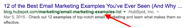 В приведенном ниже примере мы создали URL-адрес, используя ключевое слово длинного хвоста, которое мы пытались ранжировать: «примеры маркетинга по электронной почте»