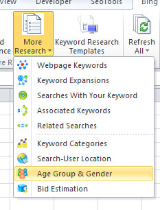 Чтобы использовать эту функцию, перейдите на вкладку Bing Ads Intelligence и нажмите « Дополнительные исследования» -> «Возрастная группа и пол»