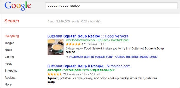 Например, поиск Google с использованием тегов микроданных для «рецепта супа из сквоша» приводит к следующим результатам, включая изображения, отзывы и время приготовления