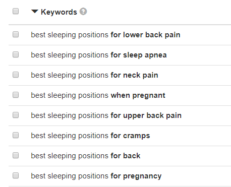 Компания по производству матрасов может использовать любое из этих ключевых слов для создания всеобъемлющего контента, который поможет, например, беременным женщинам хорошо выспаться