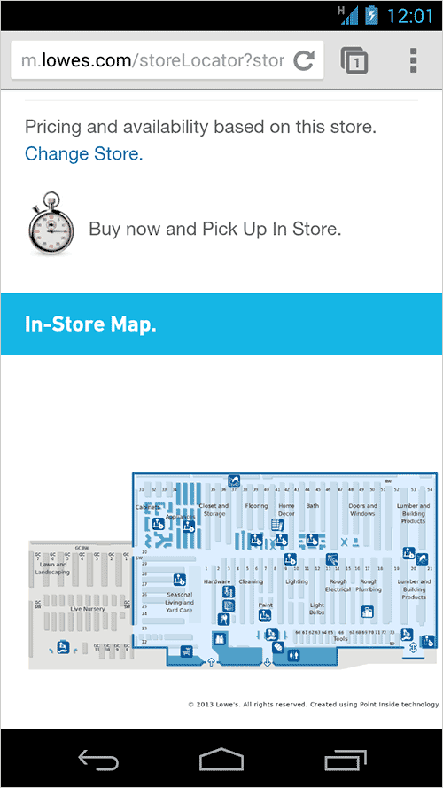 Lowe's предоставляет карту в магазине на страницах своего мобильного сайта, связанных с местоположением