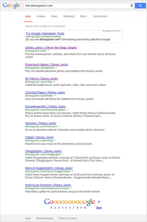 Google проиндексировал примерно   1 630 страниц   Disney Junior