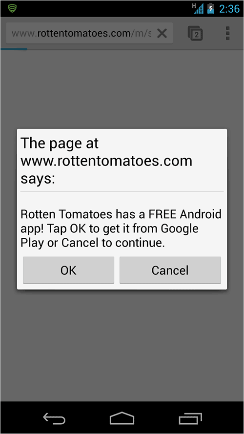 Промежуточное приложение показывается пользователям смартфонов, которые заходят на сайт Rotten Tomatoes