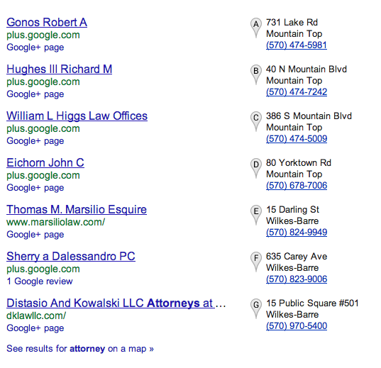 Вот краткий пример комбинированных результатов поиска Google по ключевому слову «поверенный», которое проводилось в конце августа 2013 года в Wilkes Barre, PA